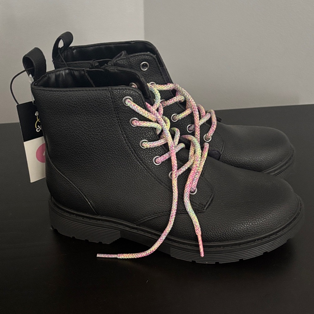 Sandro Black Combat Boots with Pastel Multicolor Laces